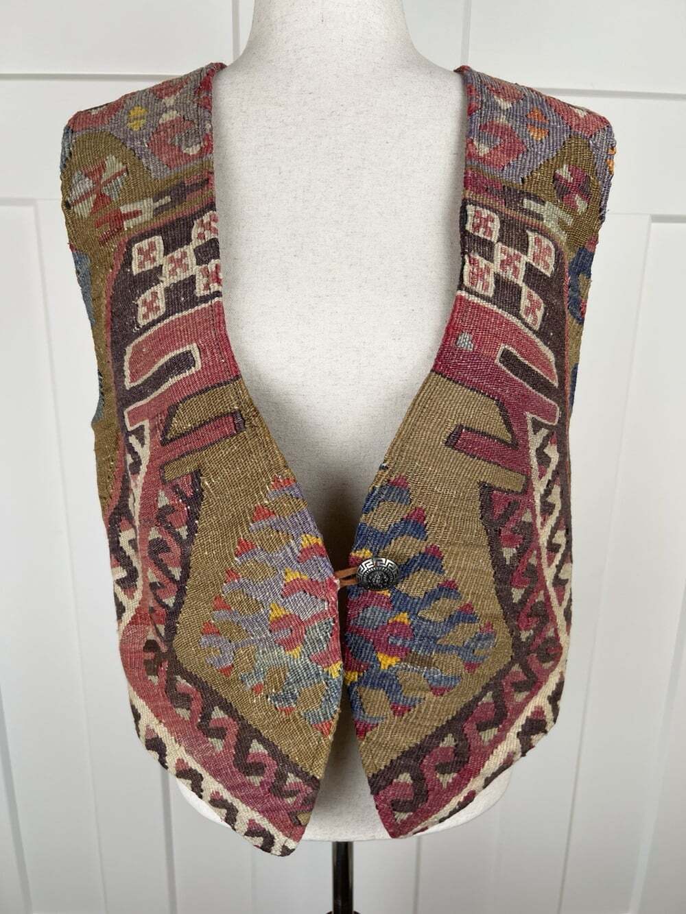 Vintage Turkish Kilim Tapestry Vest L Wool Cotton Southwest Boho Concho Button